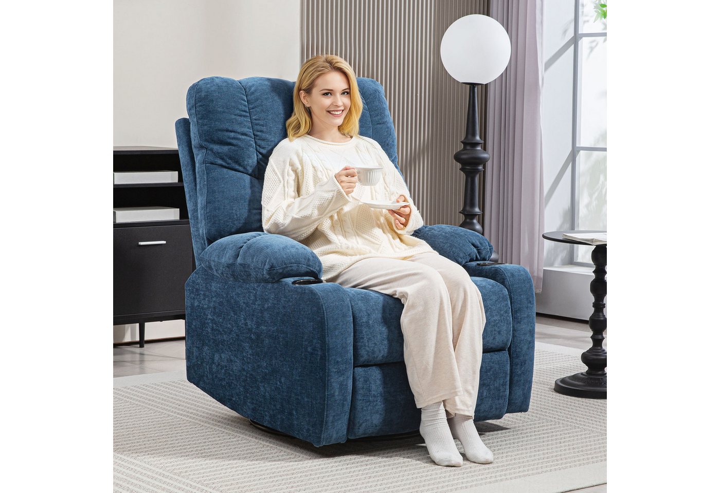 HOMCOM Relaxsessel Fernsehsessel mit Liegefunktion, Schaukelfunktion (Drehbar TV-Sessel mit Fußstütze, 1-St., Taschenfederkern, Becherhalter), für Wohnzimmer, Dunkelblau von HOMCOM