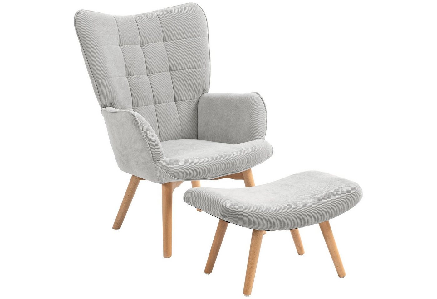 HOMCOM Relaxsessel Ohrensessel mit Hocker, Polstersessel in Cord-Optik (Loungesessel, 2-St., Armlehnstuhl), für Wohnzimmer, Grau von HOMCOM