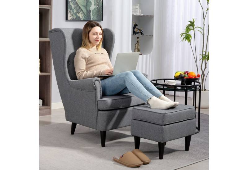 HOMCOM Relaxsessel Ohrensessel mit Hocker, Polsterstuhl mit Liegefunktion (Polstersessel mit hoher Rückenlehne aus Stoff, 2-St., TV-Sessel für Schlafzimmer, Wohnzimmer), 83 x 75 x 104 cm, Grau von HOMCOM