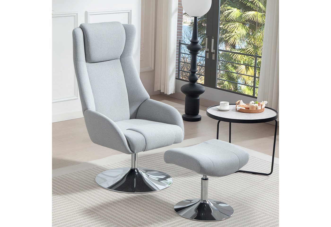 HOMCOM Relaxsessel Ohrensessel mit Hocker, zurücklehnbar (Loungesessel, 2-St., Armlehnstuhl), für Schlafzimmer, Wohnzimmer, Grau von HOMCOM