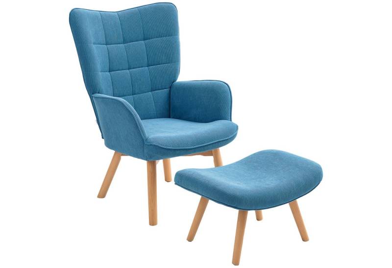 HOMCOM Relaxsessel Ohrensessel mit Hoher Rückenlehne, Holzbeine (Sessel mit Hocker, 2-St., Loungesessel), mit getuftetem Design, Cord-Optik, für Wohnzimmer, Blau von HOMCOM