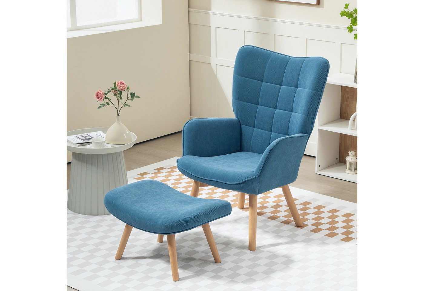 HOMCOM Relaxsessel Ohrensessel mit Hoher Rückenlehne, Holzbeine (Sessel mit Hocker, 2-St., Loungesessel), mit getuftetem Design, Cord-Optik, für Wohnzimmer, Blau von HOMCOM