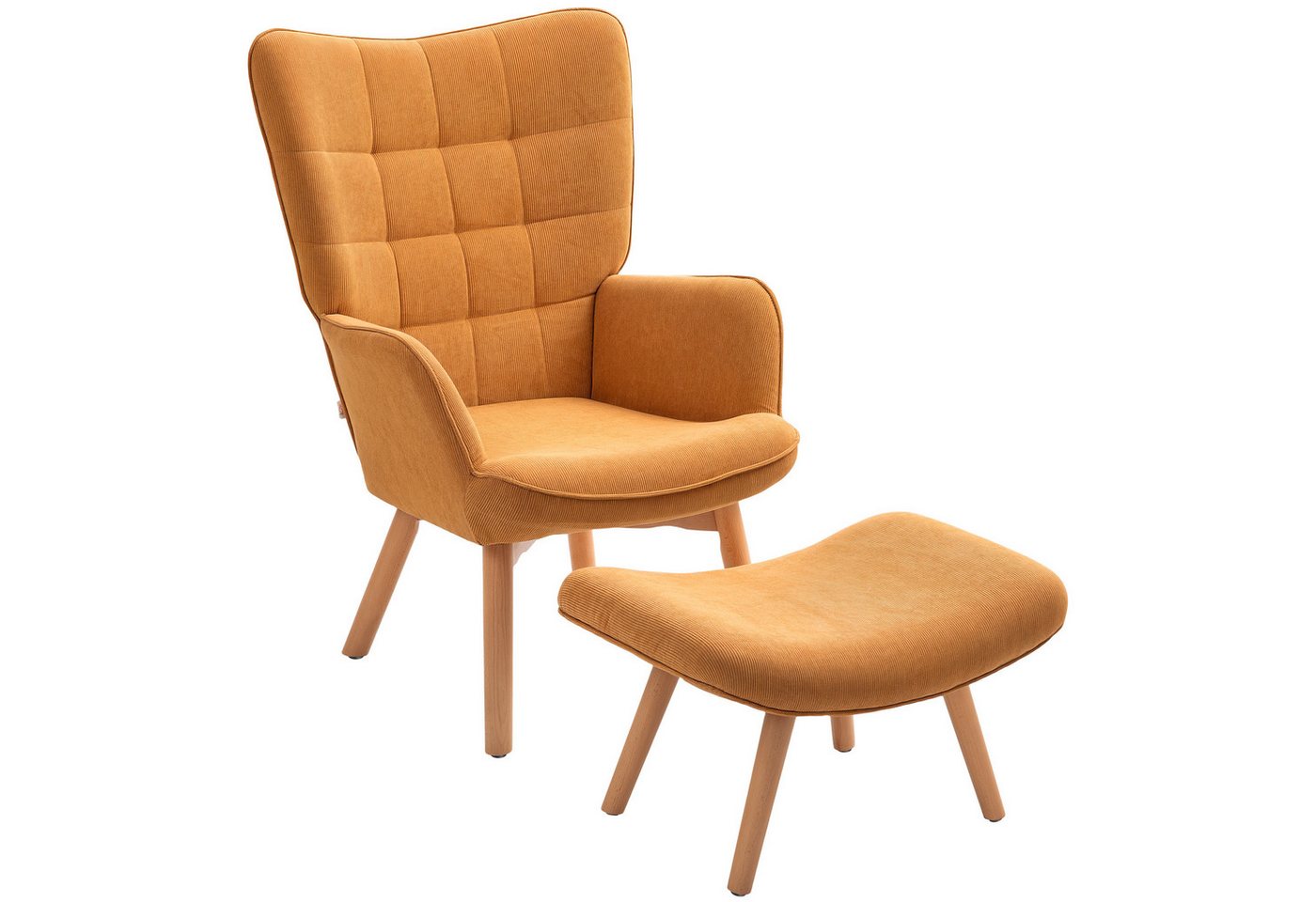 HOMCOM Relaxsessel Ohrensessel mit Hoher Rückenlehne, Holzbeine (Sessel mit Hocker, 2-St., Loungesessel), mit getuftetem Design, Cord-Optik, für Wohnzimmer, Braun von HOMCOM