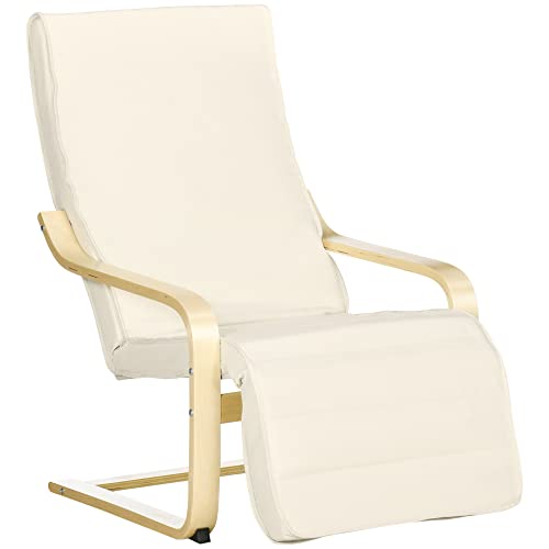 HOMCOM Sessel Wohnzimmer Relaxsessel Loungesessel Ruhesessel mit Armlehnen aus Birkenholz, 5-Fach verstellbare Fußteil, Lesesessel mit Leinenoptik, Polstersessel für Schlafzimmer, Cremeweiß von HOMCOM