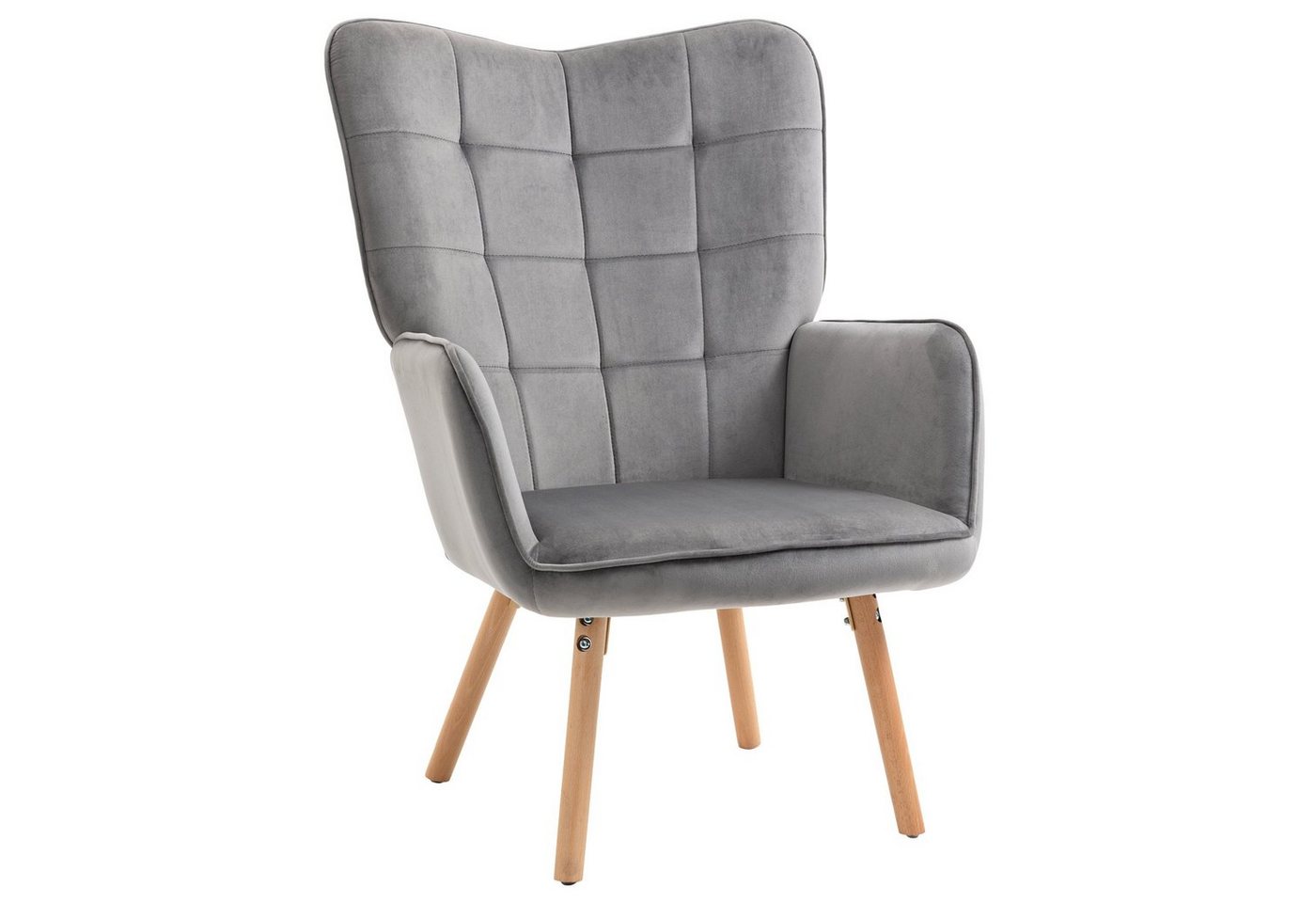 HOMCOM Relaxsessel Sessel im Retrodesign, Lesesessel, Samtoptik, 71 cm x 76 cm x 101 cm (Set, 1-St., Essstuhl), Sessel mit Rückenlehnen, Buchenholz, Grau Natur 71 x 76 x 101 cm von HOMCOM