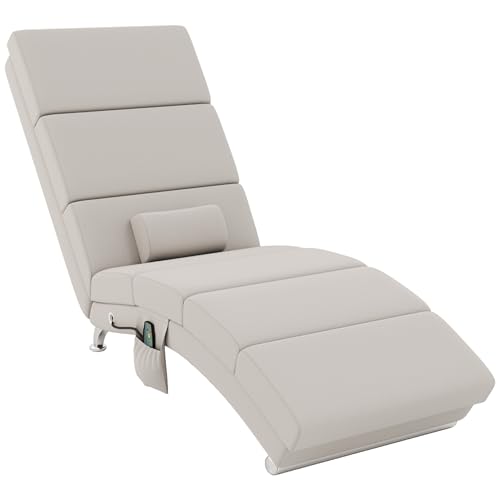HOMCOM Relaxsessel Wohnzimmer Massagesessel und Meridianheizung Indoor-Liegestuhl, Relaxsessel mit Fernbedienung und Kissen, Schlafzimmer, Wohnzimmer, Stoff mit cremefarbenem Leineneffekt von HOMCOM