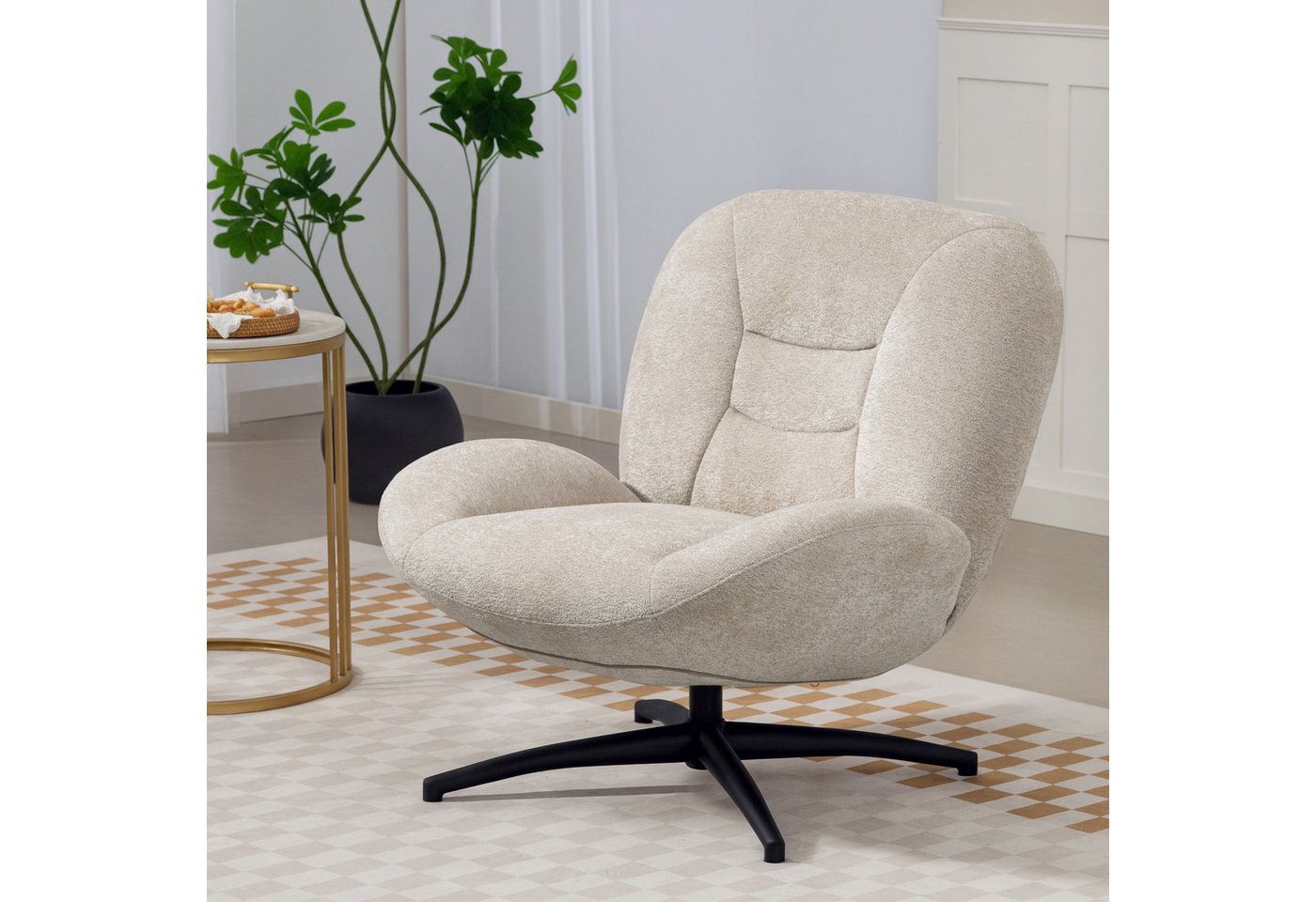 HOMCOM Relaxsessel mit Breiter Sitzfläche, Integrierter Armlehne, dicker Polsterung (Gepolstert Sessel, 1-St., 360° Drehbar Loungesessel), aus Chenille, mit gekreuzten Stahlbeinen, für Wohnzimmer, Cremeweiß von HOMCOM