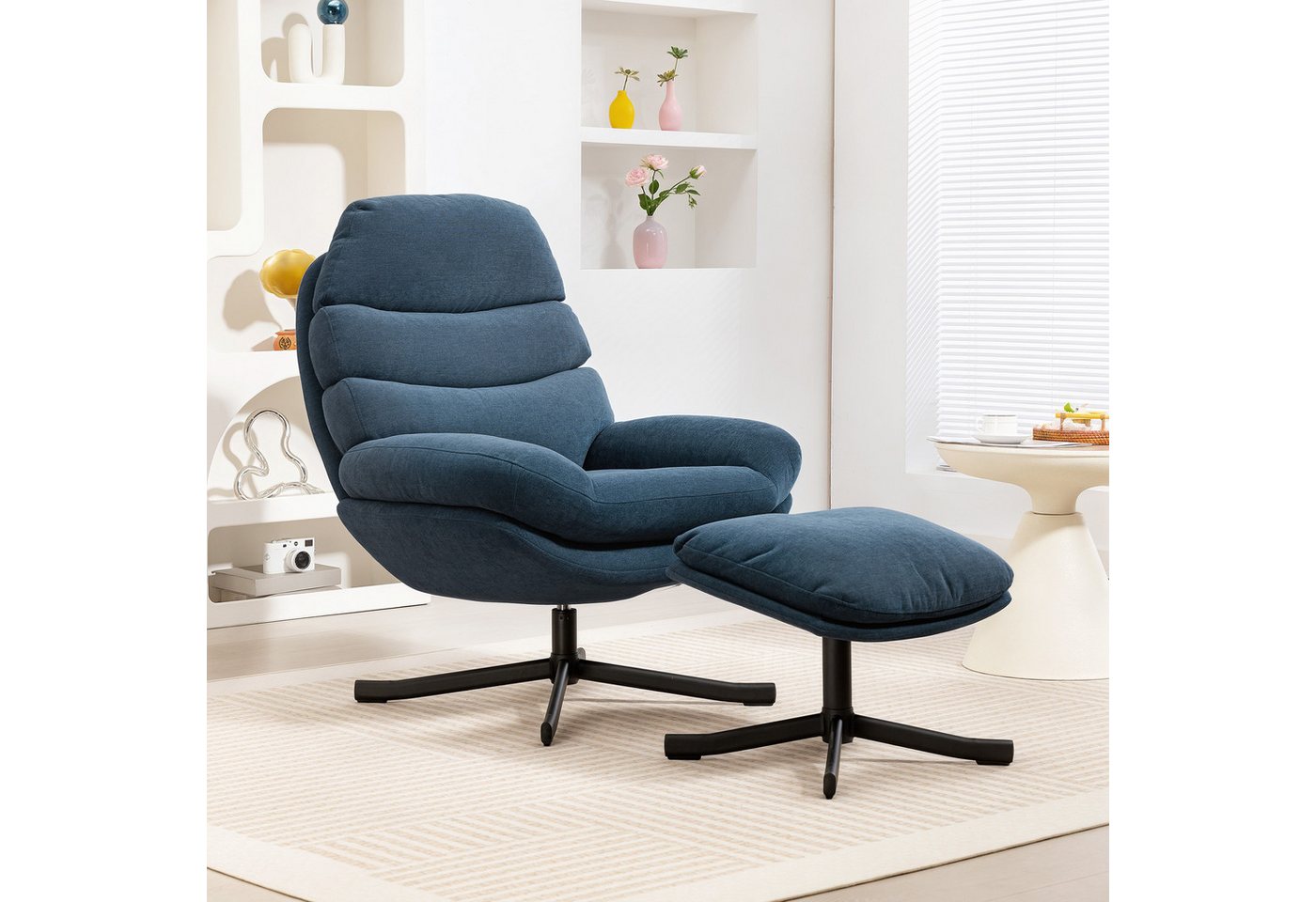 HOMCOM Relaxsessel mit Chenille-Stoff (Modern Fernsehsessel, 2-St., Loungesessel mit Hocker), für Wohnzimmer, Schlafzimmer, Blau von HOMCOM
