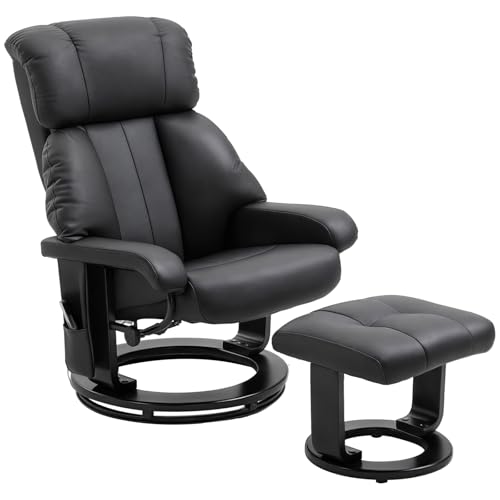 HOMCOM Relaxsessel mit Hocker, drehbarer Fernsehsessel mit Massagefunktion, Liegefunktion, Massagesessel mit Fernbedienung, Seitentasche, Ruhesessel aus Kunstleder für Wohnzimmer Schwarz von HOMCOM