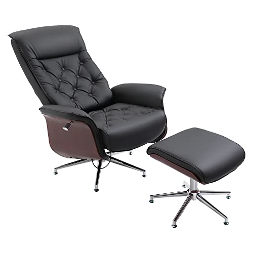 HOMCOM Relaxsessel mit Hocker Fernsehsessel Polstersessel 360° drehbar 145° neigbar mit Retro-Design Chesterfield PU-Bezug Holzverkleidung Metallfuß Schwarz 82 x 83 x 110 cm von HOMCOM