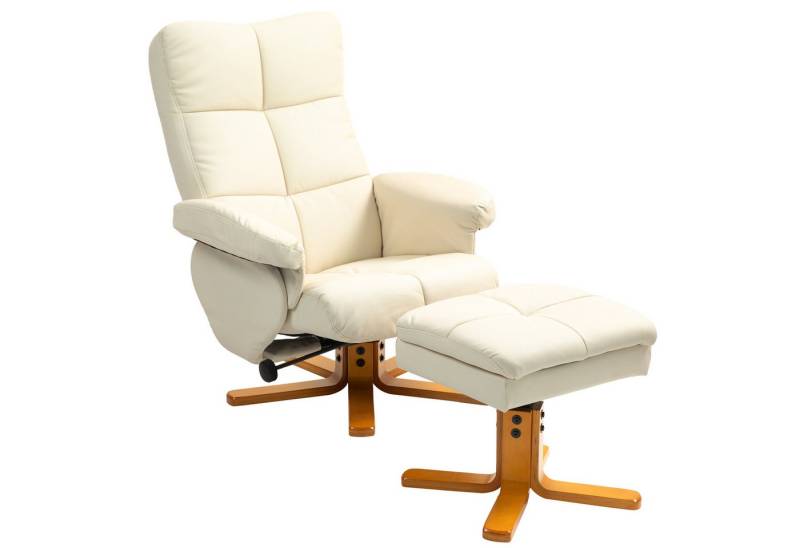 HOMCOM Relaxsessel mit Hocker und Stauraum, mit Liegefunktion (Fernsehsessel, 2-St., 360° drehbarer Sessel), Kunstleder Holzgestell Cremeweiß 80 x 86 x 99cm von HOMCOM