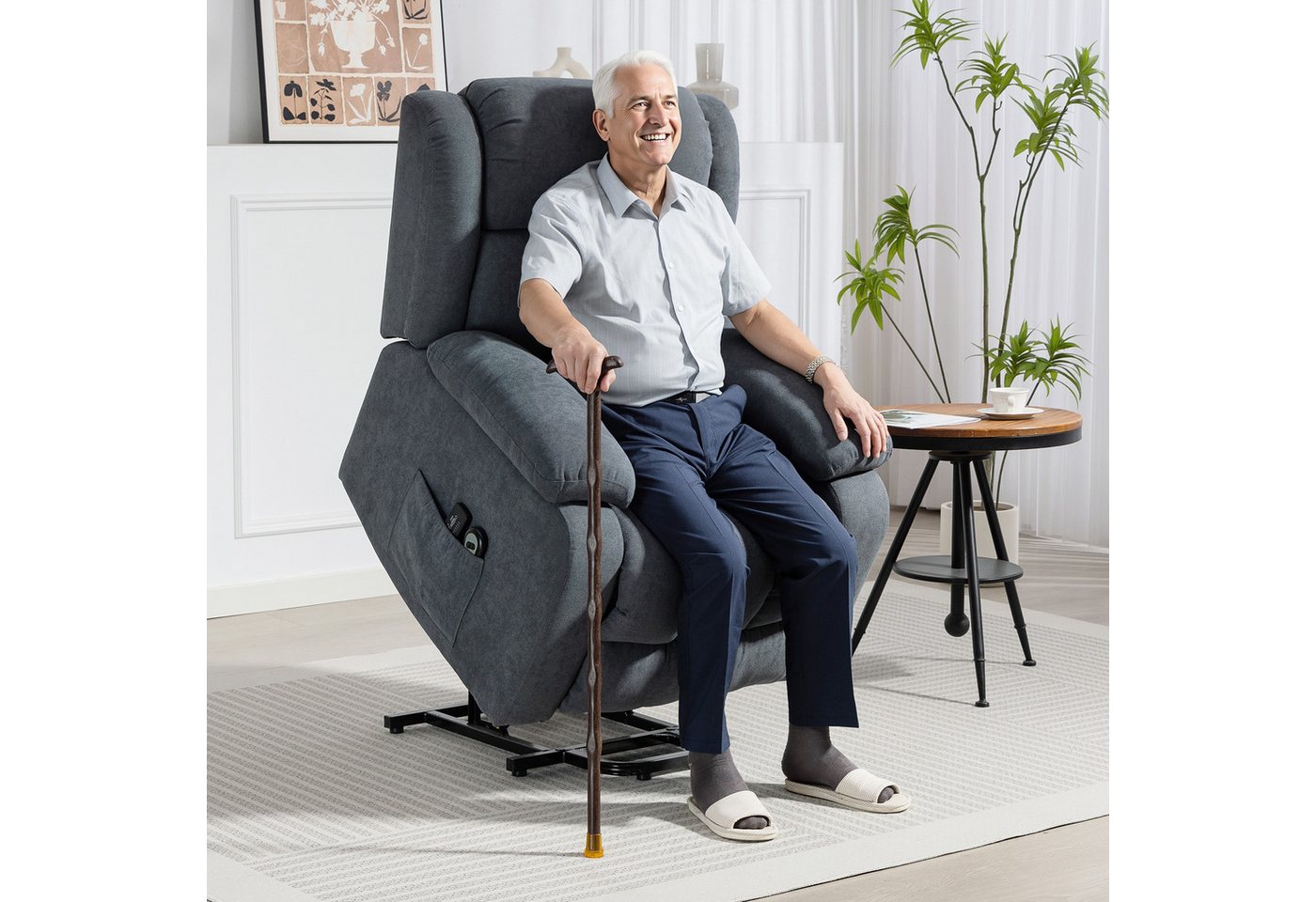 HOMCOM Relaxsessel mit Liegefunktion, Massagefunktion (Fernsehsessel mit Aufstehhilfe, 1-St., Elektrisch Relaxsessel), mit Fernbedienung, Seitentasche, Fußteil, Leinenoptik, Dunkelgrau von HOMCOM