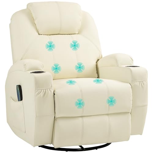HOMCOM Relaxsessel mit Massagefunktion, Elektrisch Fernsehsessel mit Liegefunktion, Wippfunktion, Drehbar Massagesessel mit Federsystem, Fernbedienung, Becherhalter und Seitentasche, Cremeweiß von HOMCOM