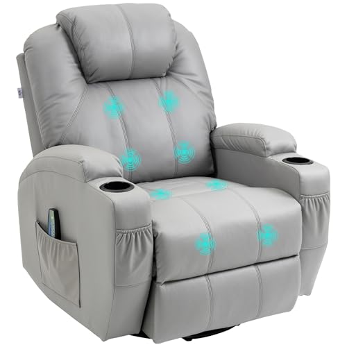 HOMCOM Relaxsessel mit Massagefunktion, Elektrisch Fernsehsessel mit Liegefunktion, Wippfunktion, Drehbar Massagesessel mit Federsystem, Fernbedienung, Becherhalter und Seitentasche, Grau von HOMCOM