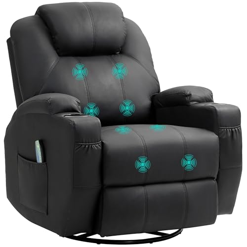 HOMCOM Relaxsessel mit Massagefunktion, Elektrisch Fernsehsessel mit Liegefunktion, Wippfunktion, Drehbar Massagesessel mit Federsystem, Fernbedienung, Becherhalter und Seitentasche, Schwarz von HOMCOM