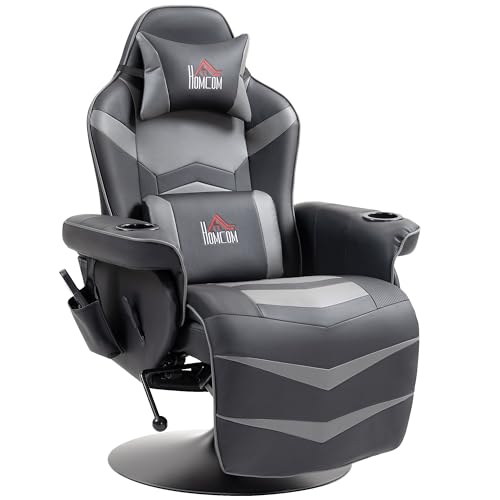 HOMCOM Relaxsessel mit Massagefunktion, Fernsehsessel mit Liegefunktion, Kissen, Drehbar TV-Sessel mit Fernbedienung, Becherhalter und Seitentasche, Kunstleder, Grau von HOMCOM