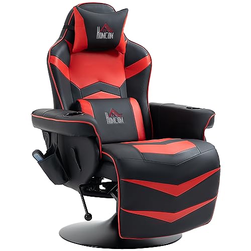 HOMCOM Relaxsessel mit Massagefunktion, Fernsehsessel mit Liegefunktion, Kissen, Drehbar TV-Sessel mit Fernbedienung, Becherhalter und Seitentasche, Kunstleder, Rot von HOMCOM