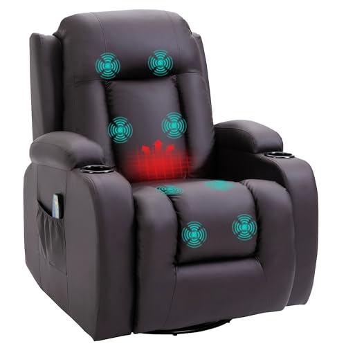 HOMCOM Relaxsessel mit Massagefunktion Elektrisch Fernsehsessel mit Liegefunktion, Wärmfunktion, Drehbar Massagesessel mit Wippfunktion, Fernbedienung, Kunstleder, Braun 85 von HOMCOM