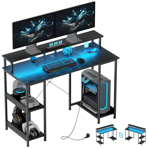 HOMCOM Reversible Computer-Schreibtisch Regale, 120x50 cm Büro-Schreibtisch mit Steckdosen und LED-Leuchten, Studio PC-Tisch mit Dual Monitor Stand, Schwarz HOMCOM Reversible Computer-Schreibtisch Regale, 120x50 cm Büro-Schreibtisch mit Steckdosen und LED-Leuchten, Studio PC-Tisch mit Dual Monitor Stand, Schwarz von HOMCOM