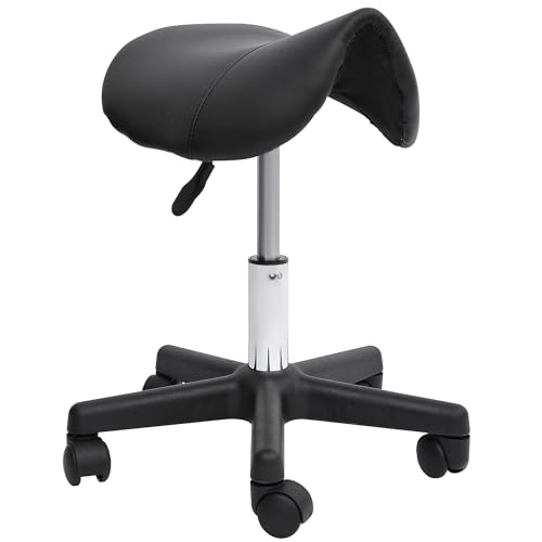 HOMCOM Rollhocker Höhenverstellbarer Drehhocker Arbeitshocker mit Rädern Drehbarer Salonstuhl Sitzhocker Salon Hocker Kunstleder Schwarz 35 x 38 x 43-55H cm von HOMCOM