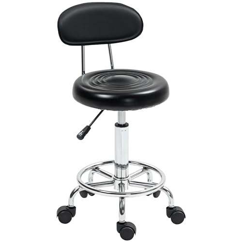 HOMCOM Rollhocker höhenverstellbar Drehhocker Drehbar Salon Hocker mit Lehne, Rädern, Arbeitshocker mit Verstellbarer Fußstütze für Büro, Kunstleder, 32 x 40 x 70-86 cm, Schwarz von HOMCOM