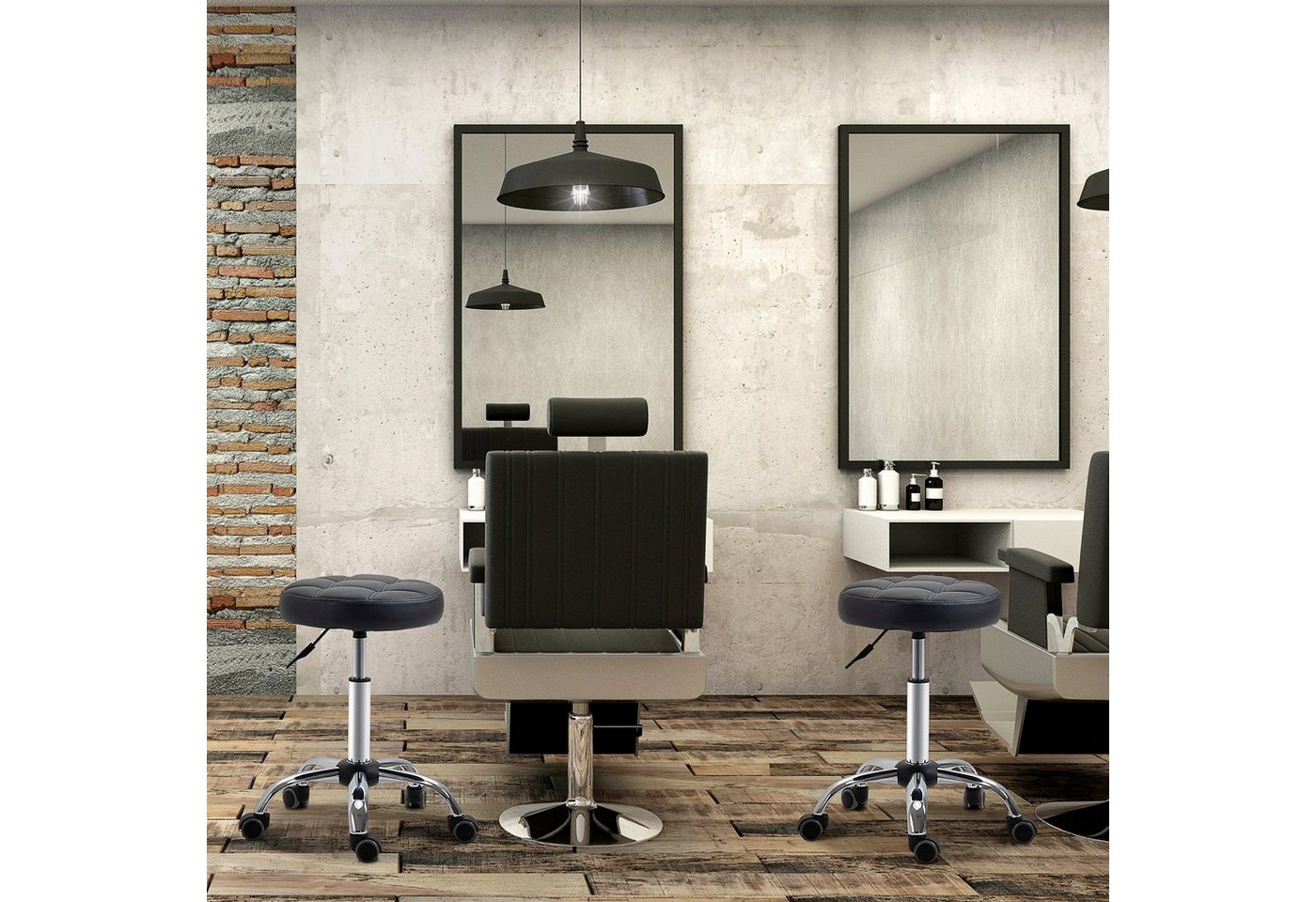 HOMCOM Rollsitz höhenverstellbarer Drehhocker mit Rädern (Arbeitshocker, 2 St., Rollhocker), Kunstleder Schwarz Ø35,5 x 48-63 cm von HOMCOM