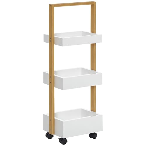 HOMCOM Rollwagen, Küchenwagen mit 3 Ebenen, Servierwagen, Nischenregal auf Rollen, Allzweckwagen mit Griff, Bremse, Badregal für Wohnzimmer, Badezimmer, Bambus, Weiß, 28 x 18 x 75 cm von HOMCOM