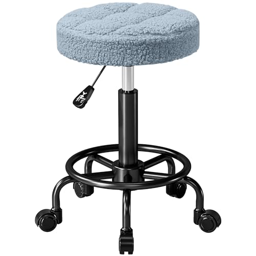 HOMCOM Runder Drehhocker Hocker mit Rädern Höhenverstellbar 50-66 cm Sitz gepolstert in Vliesstoff für Salons Workshops Spa Massage Blau von HOMCOM