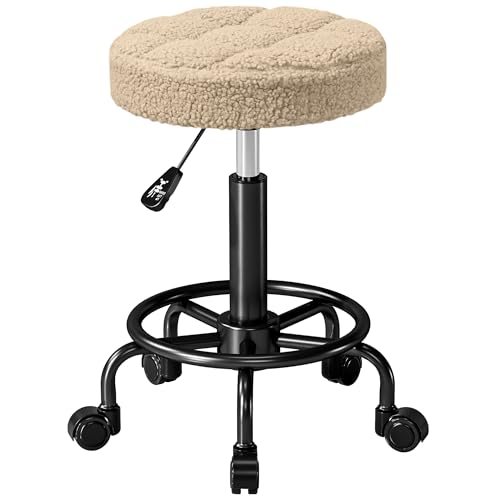 HOMCOM Runder Drehhocker Hocker mit Rädern Höhenverstellbar 50-66 cm Sitz gepolstert in Vliesstoff für Salons Workshops Spa Massage Hellbraun von HOMCOM
