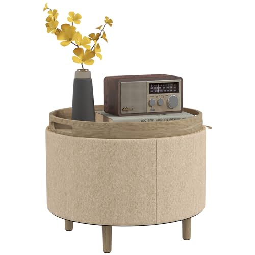 HOMCOM Runder Hocker mit Fußstütze Hocker mit Aufbewahrungsbox, wendbares Tablett, 3-in-1-Möbel, Leinenbezug, Massivholzfuß, beige von HOMCOM