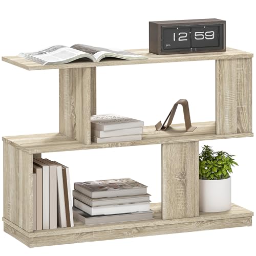 HOMCOM S-förmiger Beistelltisch, 3-stöckiger schmaler Beistelltisch mit Aufbewahrungsregalen, moderner Nachttisch für Wohnzimmer, Schlafzimmer, 90 x 30 x 61 cm, Naturholz-Finish von HOMCOM