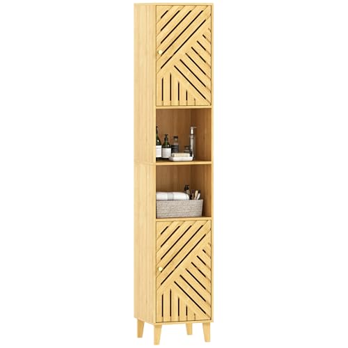 HOMCOM Säulenschrank mit Türen aus Bambus, 2 offene Regale, 2 Schränke, platzsparender Badezimmerschrank mit verstellbaren Einlegeböden für Esszimmer, Wohnzimmer, 32 x 30 x 170 cm, Holzfarbe HOMCOM Säulenschrank mit Türen aus Bambus, 2 offene Regale, 2 Schränke, platzsparender Badezimmerschrank mit verstellbaren Einlegeböden für Esszimmer, Wohnzimmer, 32 x 30 x 170 cm, Holzfarbe von HOMCOM