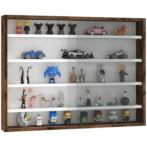 HOMCOM Sammlungsvitrine Hängevitrine 80 x 9,5 x 60 cm mit 4 höhenverstellbaren Regalböden und 2 Glasschiebetüren, für die Sammlung von Figuren und Modellautos, braun von HOMCOM