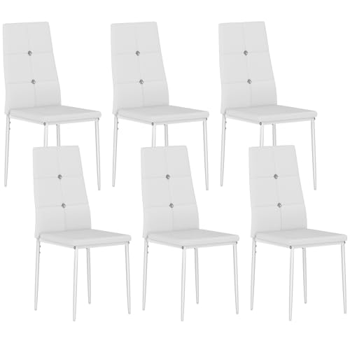 HOMCOM Satz von 6 PU gepolstert Esszimmerstühle hohe zurück Küche Stühle mit Knöpfen und Stahl Beine modernes Design für Wohnzimmer Schlafzimmer Weiß von HOMCOM