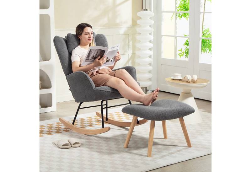HOMCOM Schaukelsessel Gepolstert Schwingsessel mit Kissen, Fleece-Bezug, hoher Rückenlehne (Schwingstuhl, 2-St., Schaukelstuhl und Fußhocker), Stillsessel für Wohnzimmer, Schlafzimmer Dunkelgrau von HOMCOM