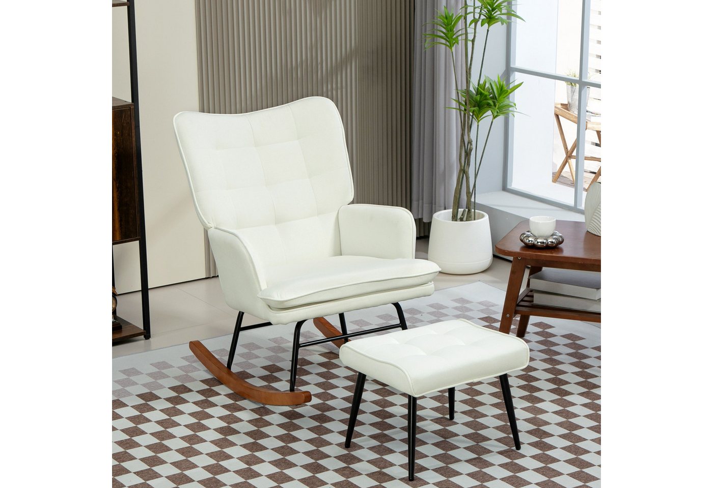 HOMCOM Schaukelsessel Stillsessel mit Hocker (Schaukelstuhl, 2-St., Schwingsessel), für Wohnzimmer, Schlafzimmer, 64L x 89B x 90H cm, Cremeweiß von HOMCOM