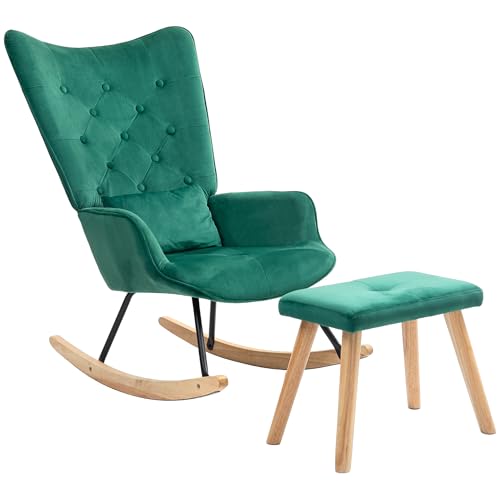 HOMCOM Schaukelstuhl mit Hocker, Schaukelsessel mit Lendenkissen, Schwingsessel aus Samtoptik, Holzbeine, Relaxsessel, Stillsessel für Wohnzimmer, Schlafzimmer, Grün von HOMCOM