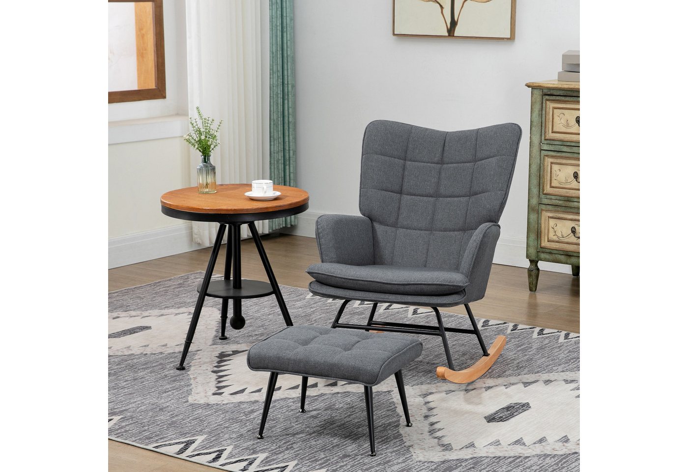 HOMCOM Schaukelsessel mit Hocker, Relaxsessel mit Leinenoptik (Armlehnsessel, 2-St., Schwingsessel), für Wohnzimmer, Schlafzimmer, Grau von HOMCOM