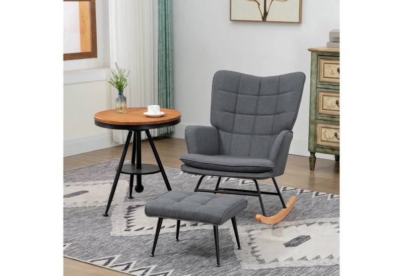 HOMCOM Schaukelsessel mit Hocker, Relaxsessel mit Leinenoptik (Armlehnsessel, 2-St., Schwingsessel), für Wohnzimmer, Schlafzimmer, Grau von HOMCOM