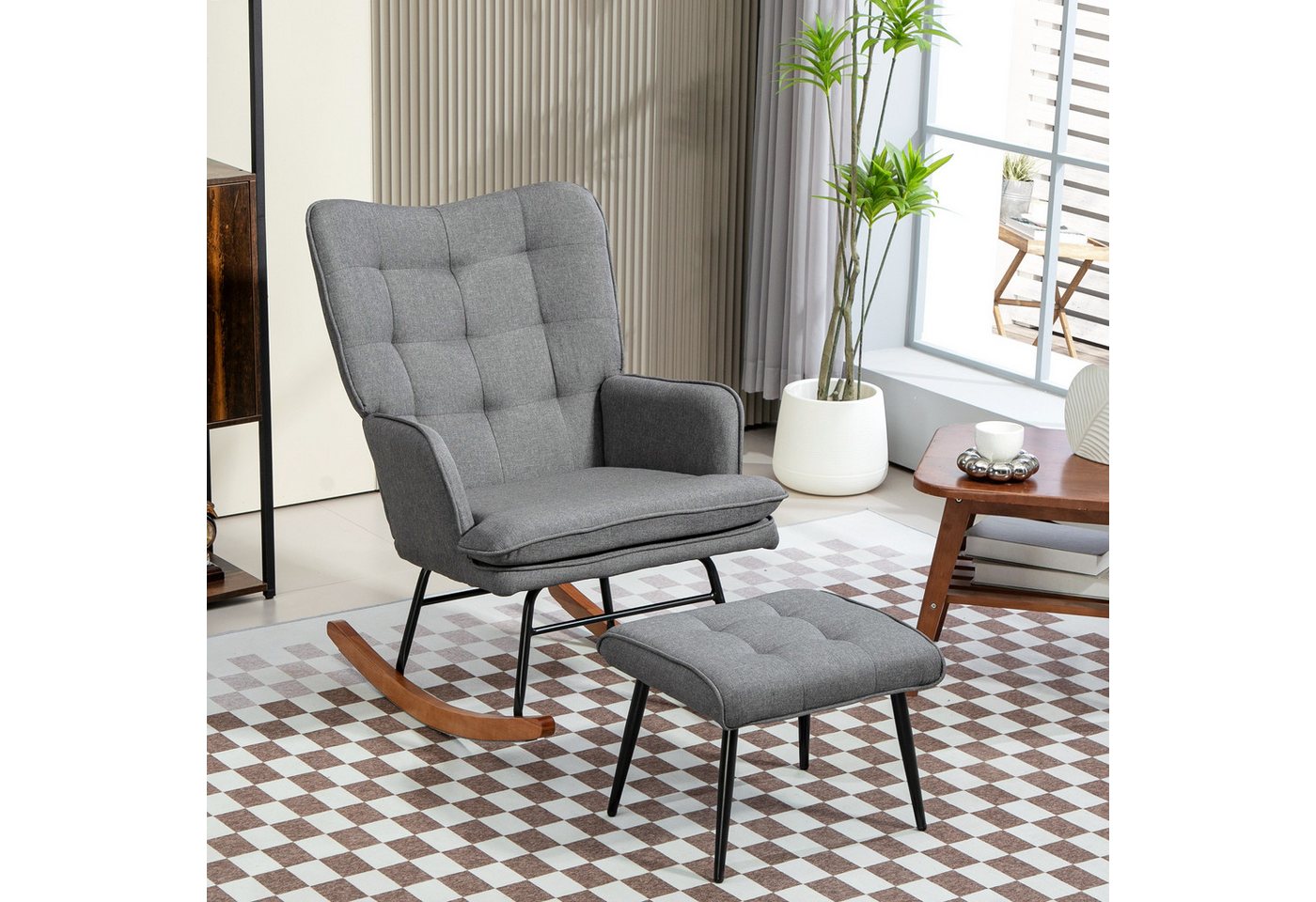 HOMCOM Schaukelsessel mit Hocker, Relaxsessel mit Leinenoptik (Armlehnsessel, 2-St., Schwingsessel), für Wohnzimmer, Schlafzimmer, Schwarz+Dunkelgrau von HOMCOM