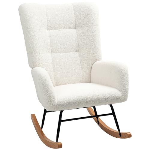 HOMCOM Schaukelstuhl, Schaukelsessel mit Armlehne, Teddysamt-Optik, Relaxsessel mit Holzkufen, Schwingsessel Stillsessel für Schlafzimmer, Wohnzimmer, Cremeweiß von HOMCOM