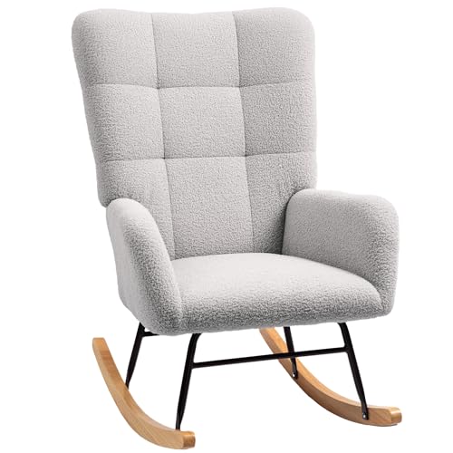 HOMCOM Schaukelstuhl, Schaukelsessel mit Armlehne, Teddysamt-Optik, Relaxsessel mit Holzkufen, Schwingsessel Stillsessel für Schlafzimmer, Wohnzimmer, Hellgrau von HOMCOM