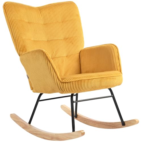 HOMCOM Schaukelstuhl, Schaukelsessel mit Kordoptik, Armlehne, Gepolsterter Sessel mit Holzkufen, Relaxsessel für Wohnzimmer, Schlafzimmer, bis 120kg belastbar, Gelb von HOMCOM