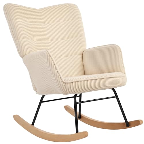 HOMCOM Schaukelstuhl, Schaukelsessel mit Kordoptik, Armlehne, Gepolsterter Sessel mit Holzkufen, Relaxsessel für Wohnzimmer, Schlafzimmer, bis 120kg belastbar, Beige von HOMCOM