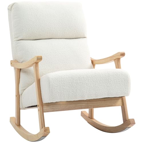 HOMCOM Schaukelstuhl, Schaukelsessel mit Rückenlehne, Holzkufen, Sessel, Relaxsessel mit Teddysamt-Optik, Schwingsessel, Relaxstuhl für Wohnzimmer, Schlafzimmer, Balkon, Cremeweiß von HOMCOM