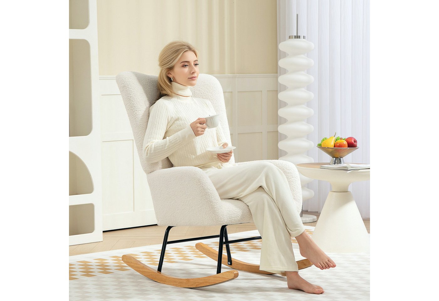 HOMCOM Schaukelstuhl Schaukelsessel mit Armlehne, Teddysamt-Optik (Relaxsessel mit Holzkufen, Schwingsessel, 1 St), Stillsessel für Schlafzimmer, Wohnzimmer, Cremeweiß von HOMCOM