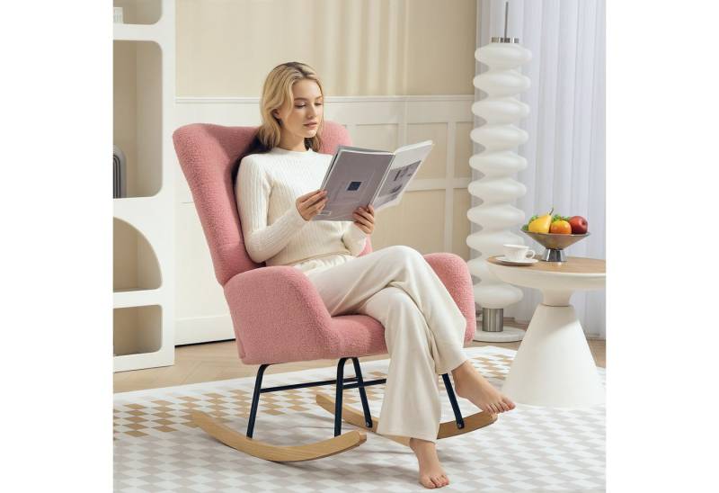 HOMCOM Schaukelstuhl Schaukelsessel mit Armlehne, Teddysamt-Optik (Relaxsessel mit Holzkufen, Schwingsessel, 1 St), Stillsessel für Schlafzimmer, Wohnzimmer, Rosa von HOMCOM