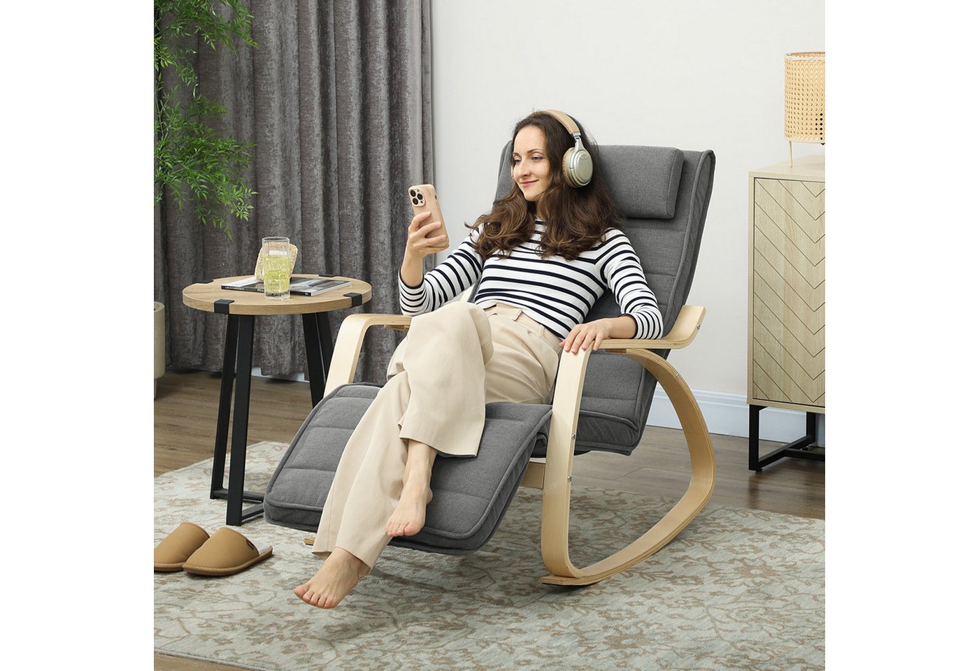 HOMCOM Schaukelstuhl Schaukelsessel mit Massagefunktion, Heizung, Kopfstütze, Fußstütze (Lesesessel, 1 St), Schwingsessel für Wohnzimmer, Schlafzimmer, Grau von HOMCOM