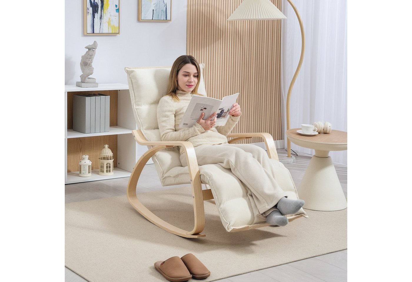 HOMCOM Schaukelstuhl Schaukelsessel mit Rückenlehne, Fußstütze, Leinenoptik (Schwingsessel, 1 St), Lesesessel für Wohnzimmer, Schlafzimmer, Balkon Creme von HOMCOM