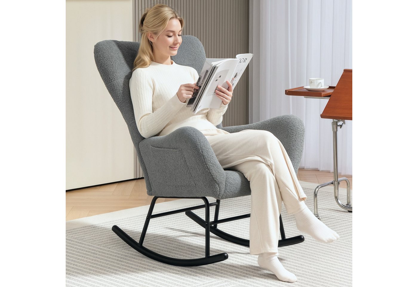 HOMCOM Schaukelstuhl Schaukelsessel mit Teddystoff-Optik Armlehne Stillsessel mit Holzkufen (Relaxsessel, 1 St), mit Seitentasche für Wohnzimmer, Schlafzimmer, Grau von HOMCOM